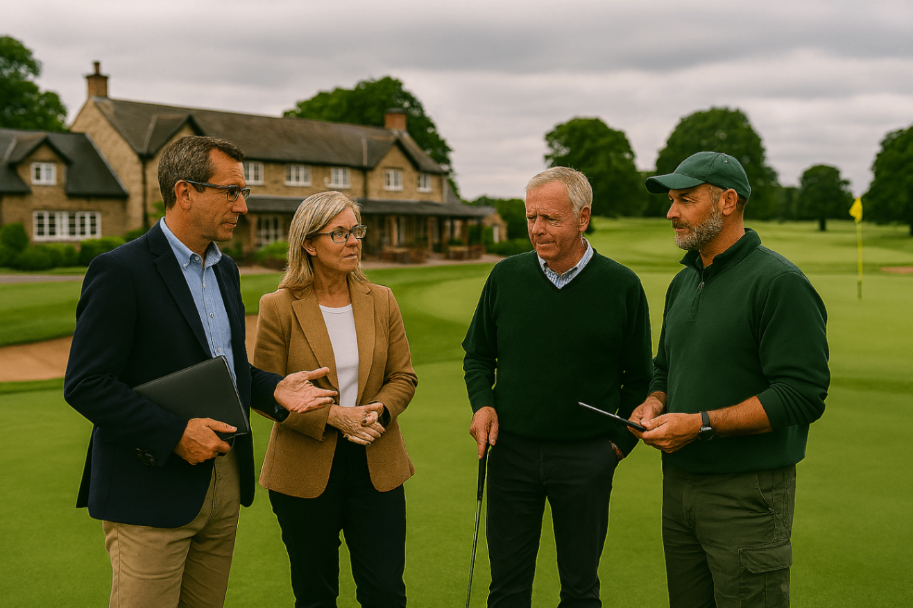 Golf club stakeholders discussing performance strategy on course